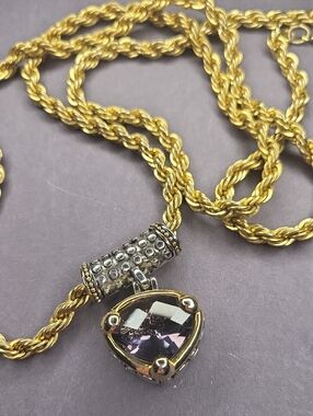 Gold-Tone Rope Chain Necklace with Purple Crystal Pendant